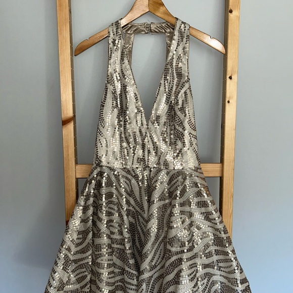 BeBe Sequin Fit & Flare Dress, Beige with Pewter Sequins - Picture 1 of 6
